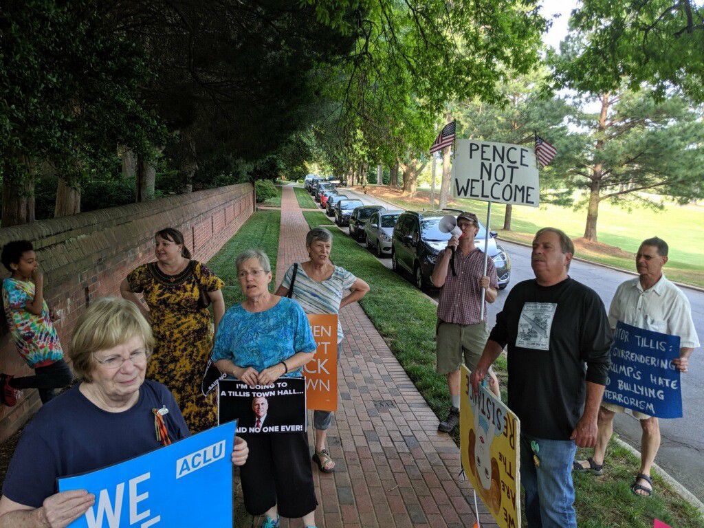 Protesters gather outside fundraiser where Vice President Mike Pence was to visit in Greensboro